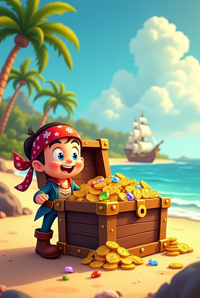 Treasure of gold, silver and precious stones in cartoon 