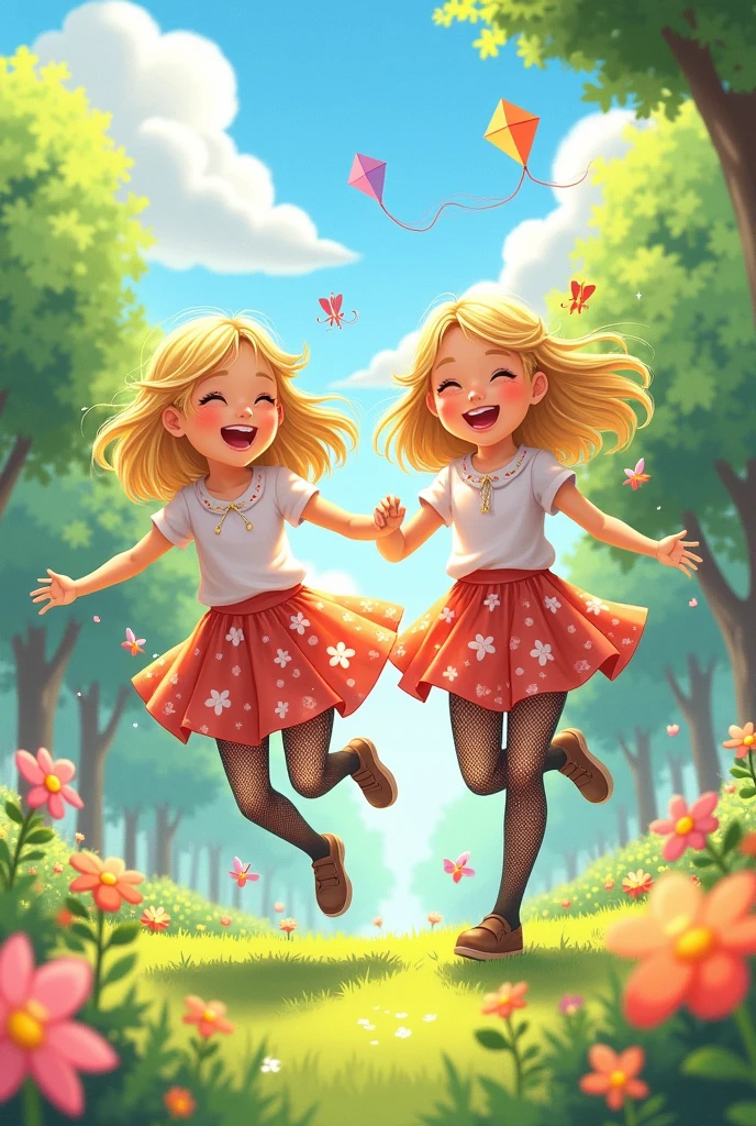 Kids blonde twin with skirt ans sexy fishnet