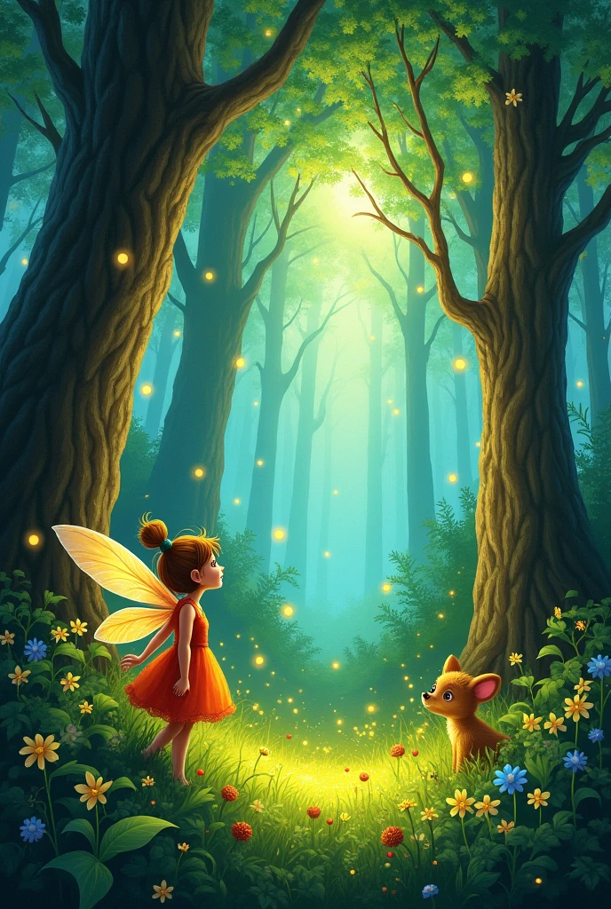 A encahted forest Book cover with fireflies. the title of thr book is "Fantasy" make it look like it's painted make the colours bright-ish and fun