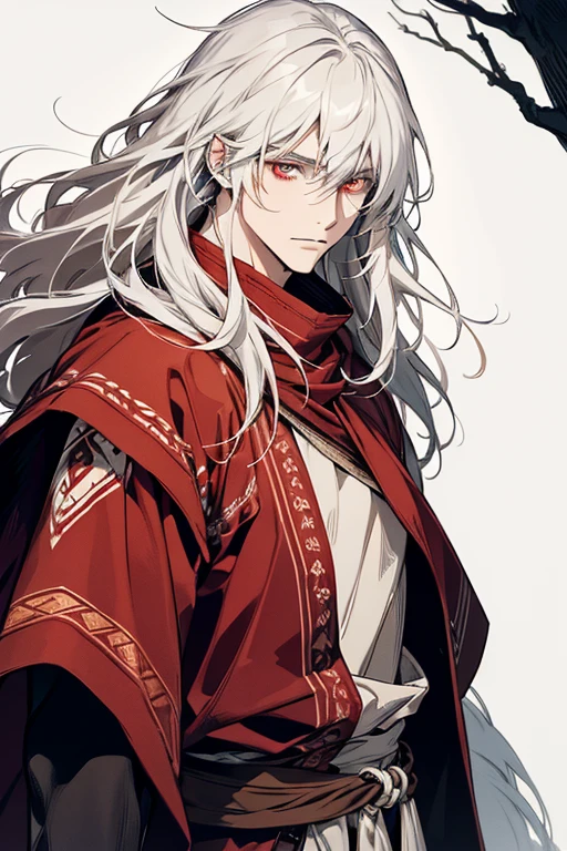 1 men, Calm, 35 year old guy, long messy hair with bangs, White hair, red colored eyes, (Druid, forst, howl), Druid armour