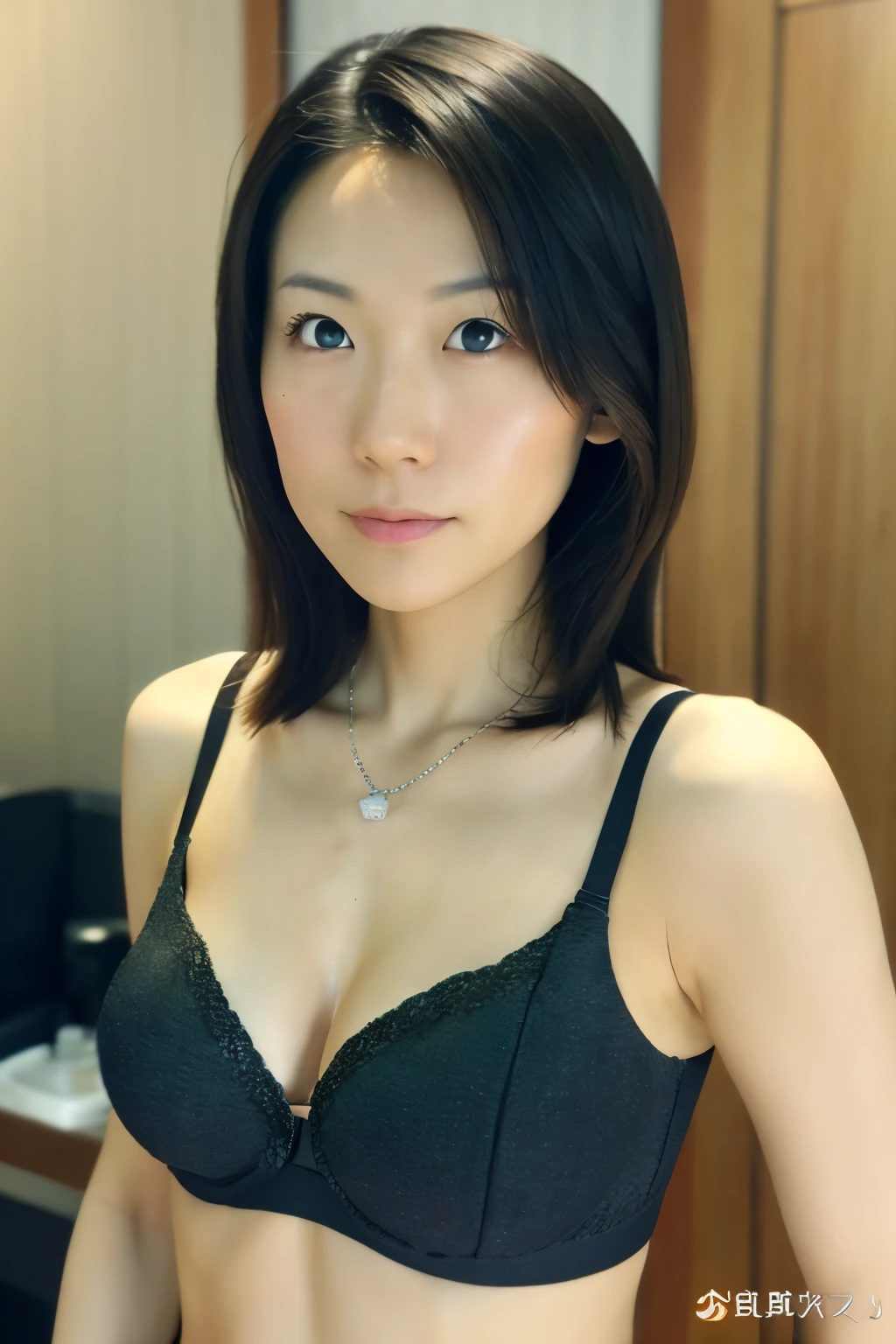 Skinny Japanese woman, Dressed, small head, cute face, detailed face, detailed eyes, (photographrealistic:1.4), (Hyper realistic:1.4), (Realistic:1.3), (Smoother lighting:1.05), (increase cinematic lighting quality:0.9), 32K, 1girl in, 30-years old, Realistic lighting, Backlighting, Light on Face, raytrace, (Brightening light:1.2), (Increase quality:1.4), (Top quality real texture skins:1.4), Black underwear, a necklace, Very thin waist, slender legs, (Increase body line mood:1.1), (Increase the beauty of skin texture:1.1)