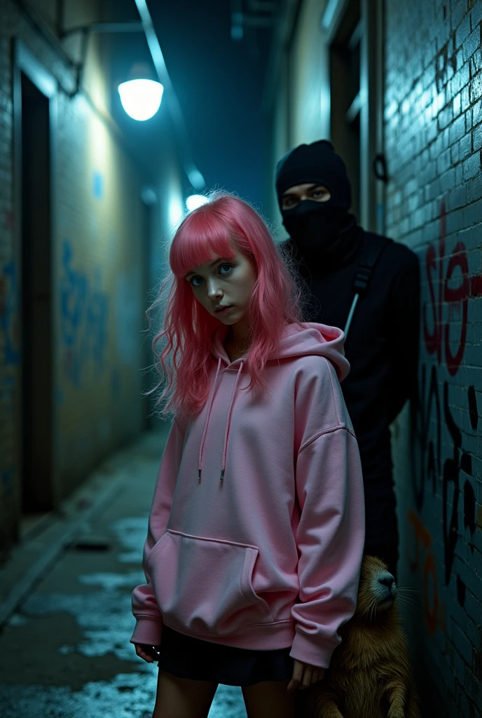 A girl with pink hair, blue colored eyes, Pink hoodie without a hood, and a short black skirt, being mugged by a guy in a balaclava. He has a capybara by his side.