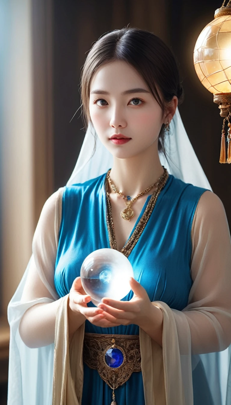 Female fortune teller. Body and face orientation: front. Charm, Beautiful and mysterious. She is wearing a blue cape、Have a clear face. The atmosphere is bright and sparkling, Filled with anxiety and anticipation. A fortune teller is standing. He has a crystal ball in his right hand. The lighting in the room is bright, Create a fantastic atmosphere. Best image quality, 4K or 8K resolution. Extremely detailed and realistic, Almost photorealistic. Artistic style is、It should reflect the formula's aesthetic with bright colors and strong contrast。. The color palette should emphasize the mysterious and mystical theme of the piece.. The fortune teller's cloak is decorated with metal trim and intricate designs.、The thickness ratio is 1.5. The overall atmosphere is starry and magical.. The fortune teller's facial expression should arouse mystical interest..