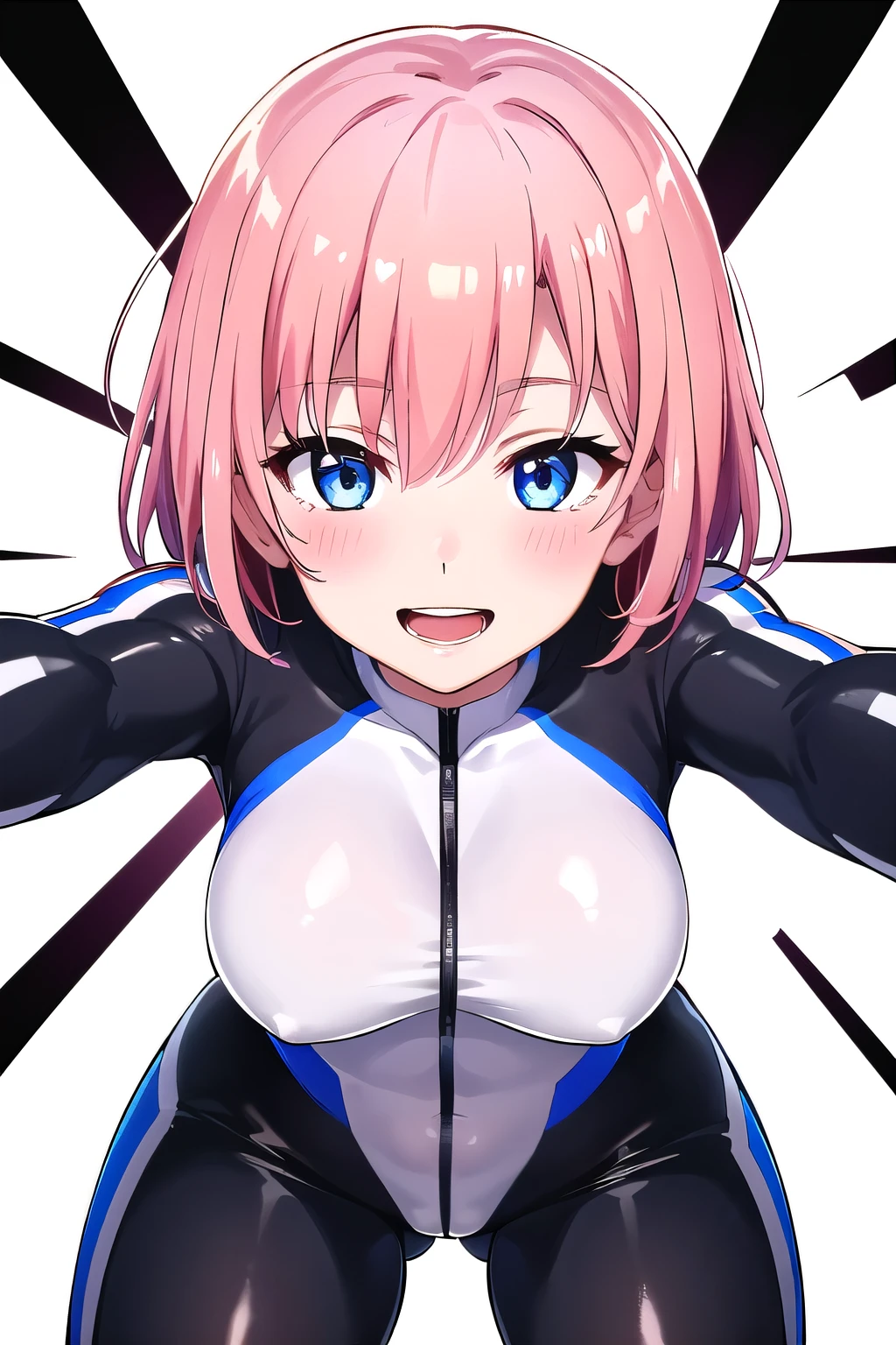 girl,boyish, very short hair, pink Hair, medium Breasts,Black glossy tight suit,Cowboy Shot,blush,sexy face,blue eyes,seiza,Tight fit,clearly,Striped pattern, (white background:1.3), (open mouth:1.2), (smile:1.3), (glossy:1.5),