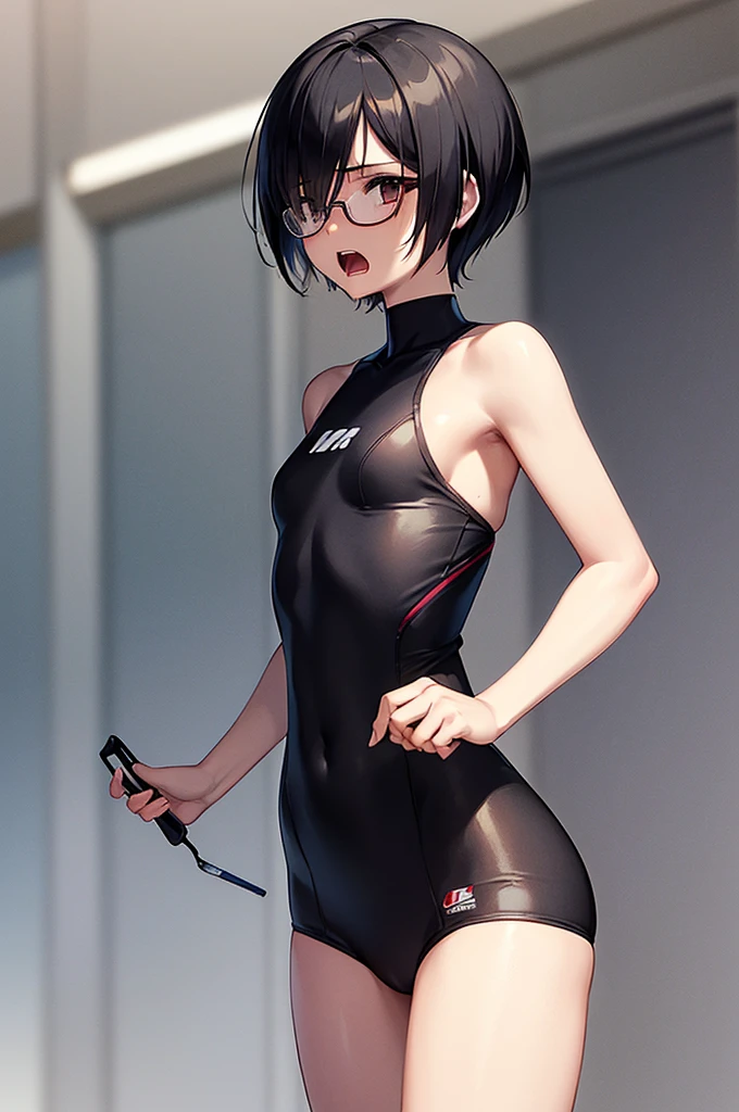 masterpiece, best quality,anime style, 1 girl,(((slender body))), (((small eyes))),(((athlete suit,glasses))),(((scream))), (beautiful face), (((short hair))), (((straight hair))), ((((black hair)))),detailed beautiful skin, (perfect hands, perfect anatomy)