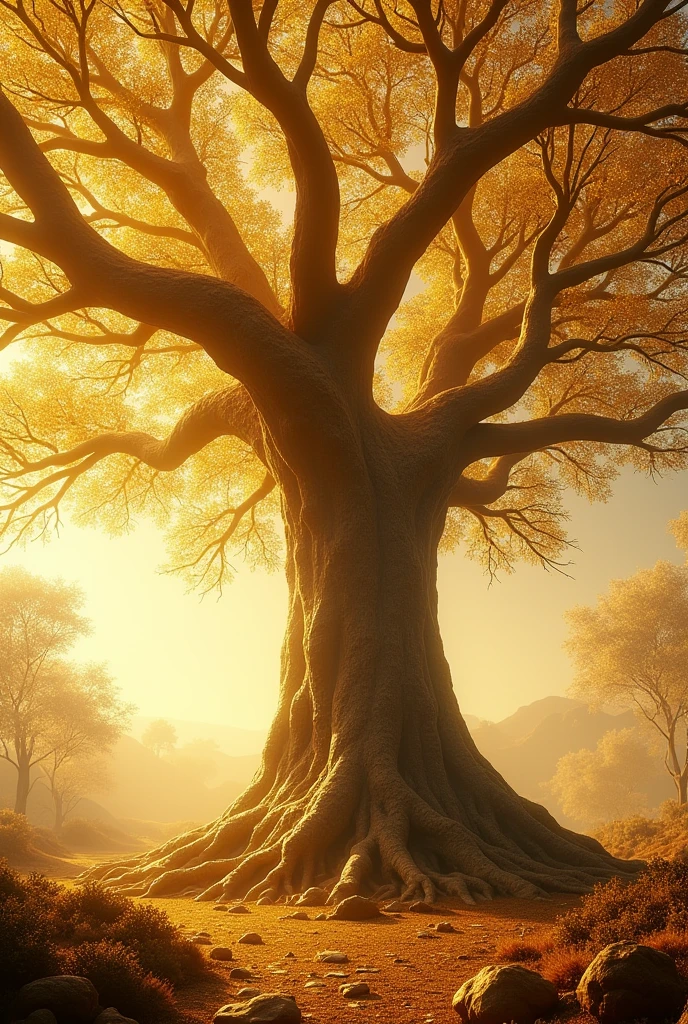 Huge tree with many branches but no leaves and its entire structure shining in gold