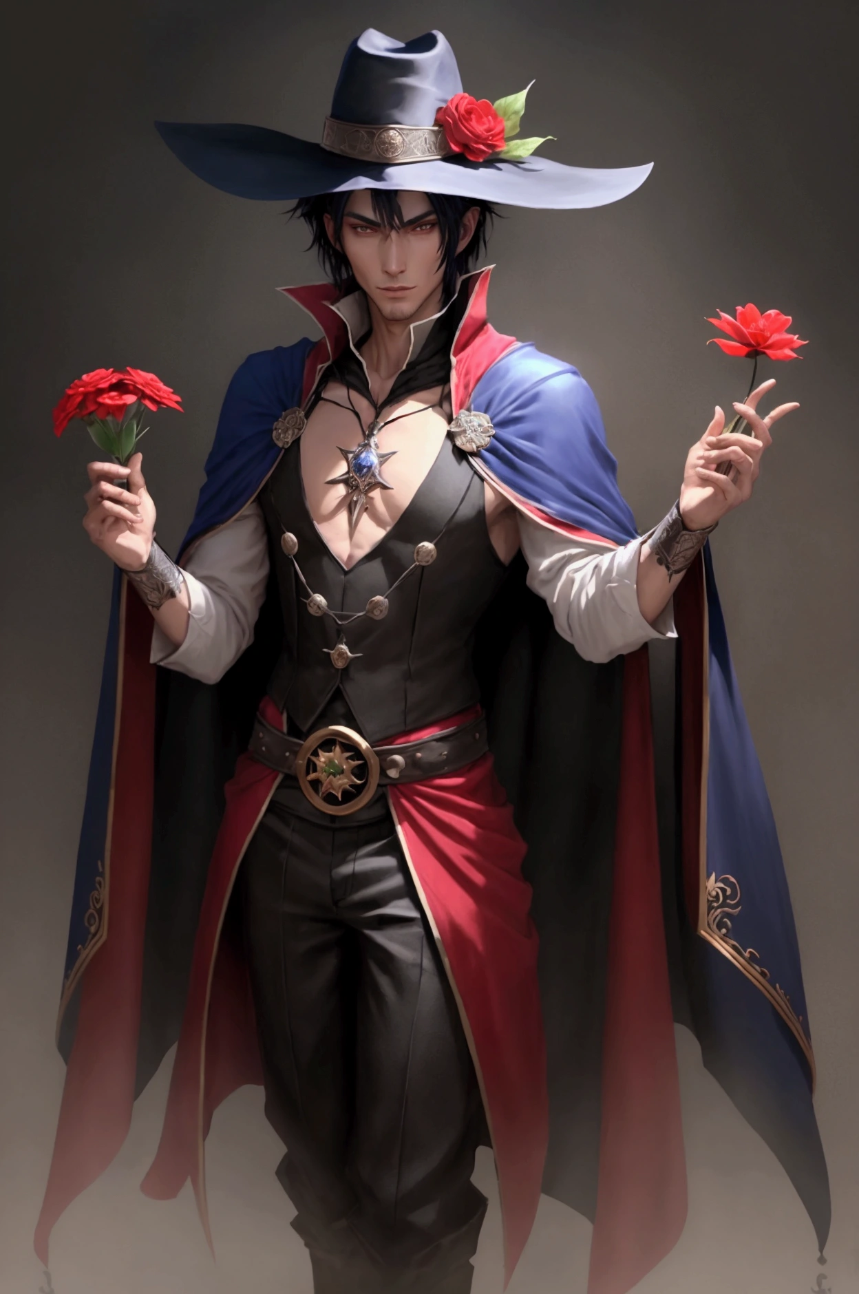 a drawing of a man with a hat and cape holding a red flower, black - haired magician, fantasy magician, evil sorcerer, young shadow magician male, rpg concept art character, magician, portrait of a magician, slim male fantasy alchemist, magician masculino, ten mens :: Sorceress, skinny male magician, 由杨J, magical fantasy 2d concept art