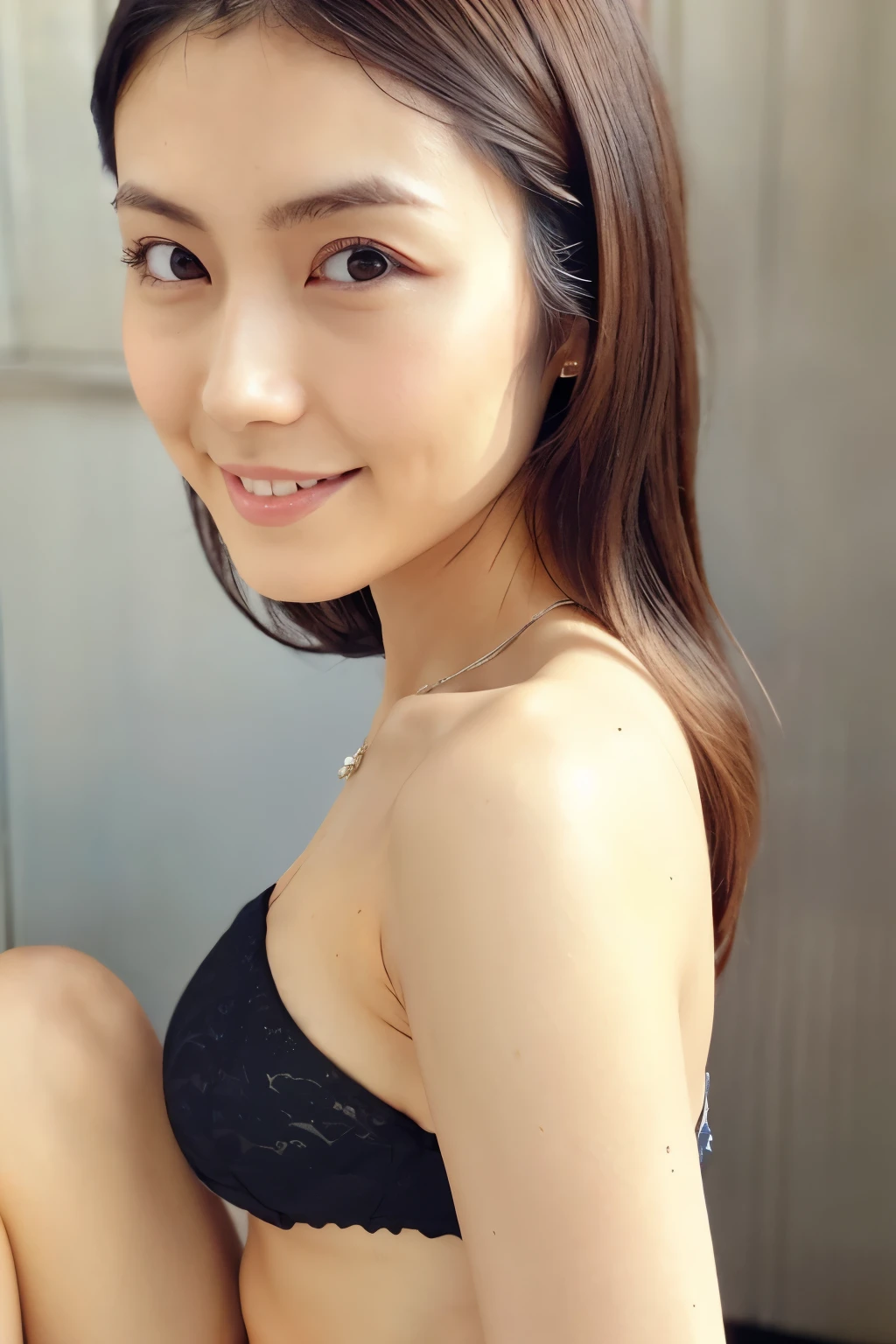 Skinny Japanese woman, Dressed, small head, cute face, detailed face, detailed eyes, (photographrealistic:1.4), (Hyper realistic:1.4), (Realistic:1.3), (Smoother lighting:1.05), (increase cinematic lighting quality:0.9), 32K, 1girl in, 30-years old, Realistic lighting, Backlighting, Light on Face, raytrace, (Brightening light:1.2), (Increase quality:1.4), (Top quality real texture skins:1.4), Black underwear, a necklace, Very thin waist, slender legs, (Increase body line mood:1.1), (Increase the beauty of skin texture:1.1)