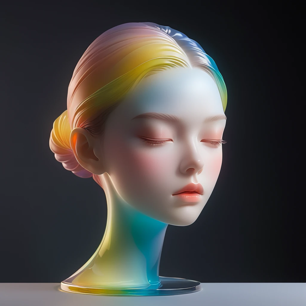 A 3D portrait sculpture is placed on a central stand..，simple，minimalism，Beautiful girl，Soft and elegant colors，Colored glass transparent，dark background，radiation