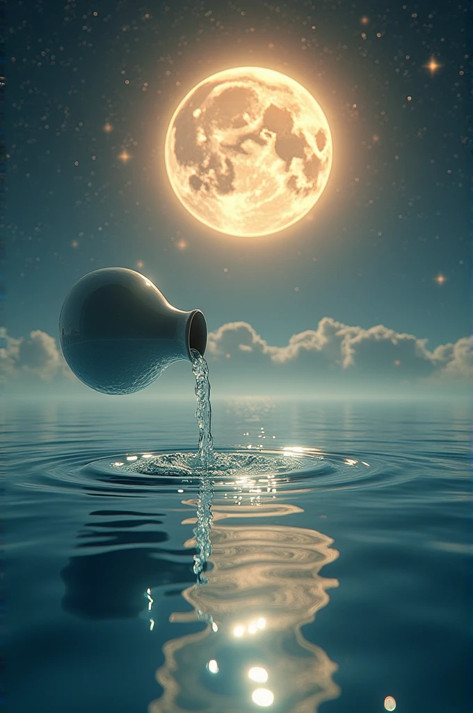 In the sky a vase of water spills over the vast sea, with a big star in the background that lights up everything