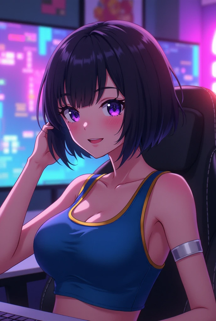 anime, Girl, black hair, short hair, clear skin, purple eyes, sitting in gaming chair, Blue and gold tank top with very short sleeves, big breasts, looking at the viewer smile