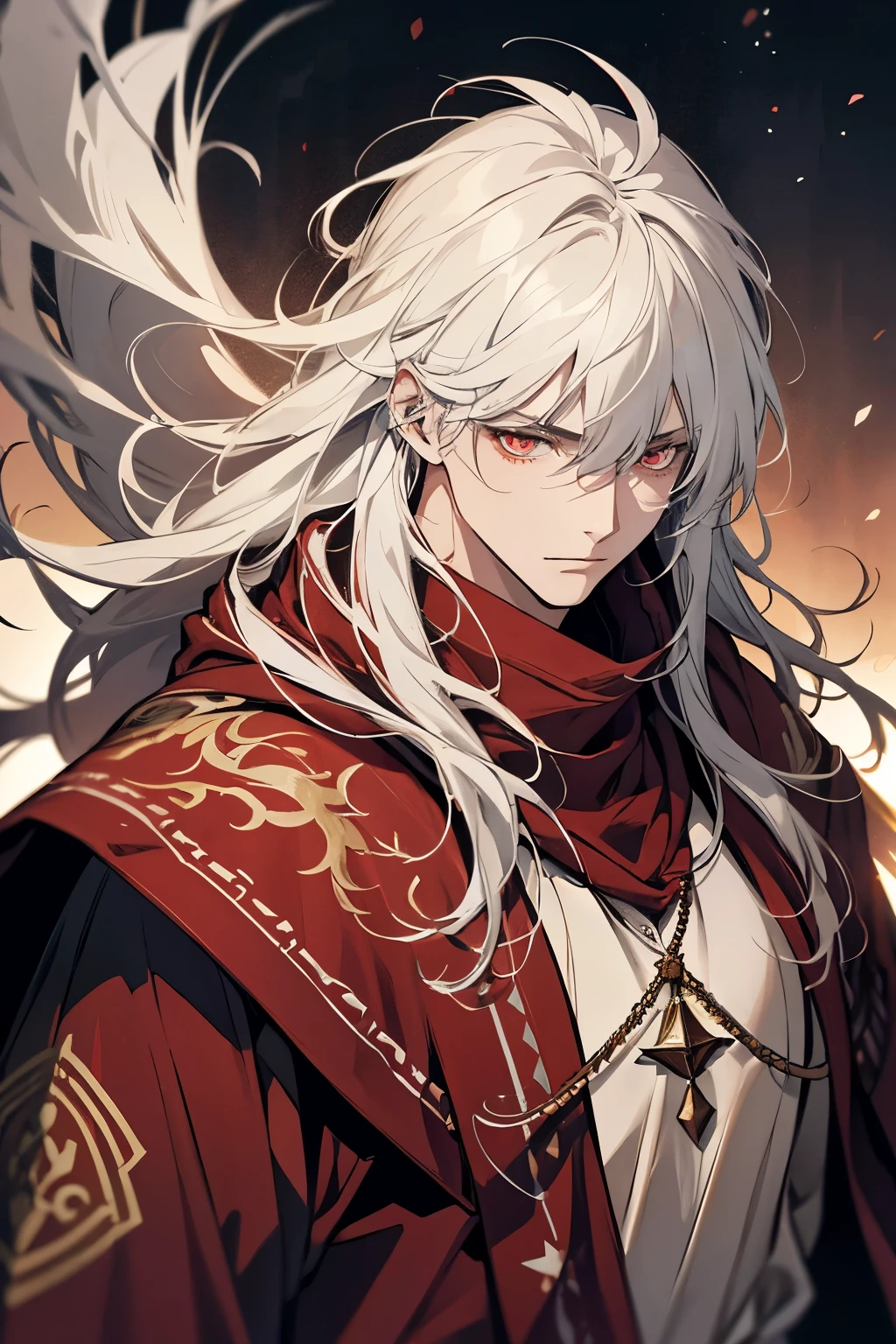 1 men, Calm, 35 year old guy, long messy hair with bangs, White hair, red colored eyes, (Druid, forst, howl), Druid armour