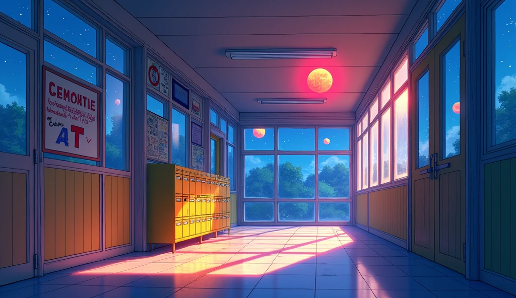 a school corridor with bright colors. there are windows and outside it's night, but you can see a red moon, and on a wall there is a board that writes "GNOME 47", anime style
