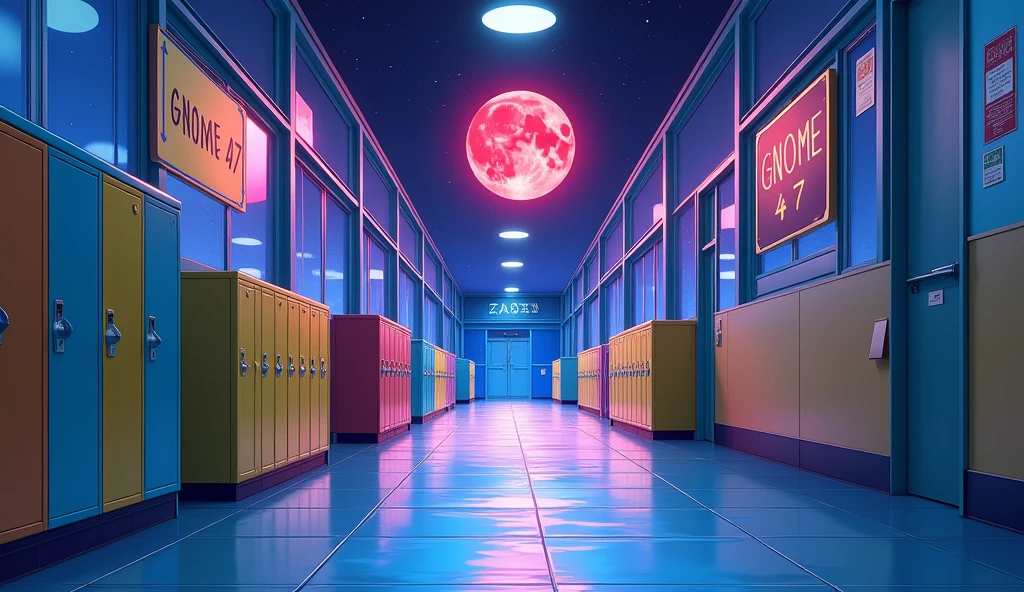 a school corridor with bright colors. there are windows and outside it's night, but you can see a red moon, and on a wall there is a board that writes "GNOME 47", anime style