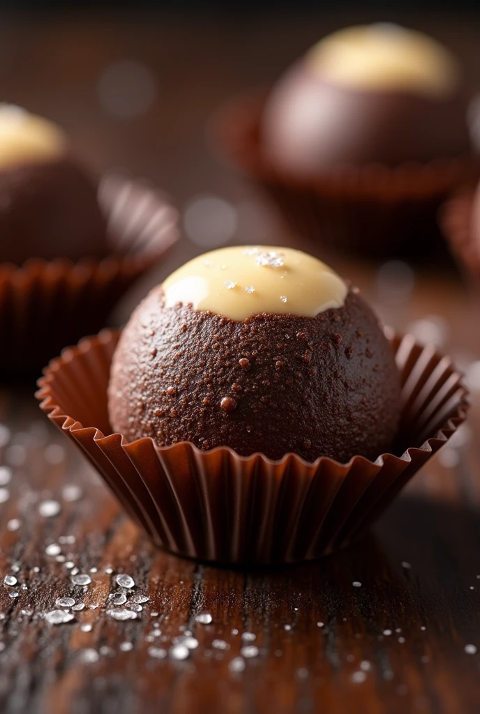 truffle, half brown and half white, covered in crystal sugar, in a pleated mold