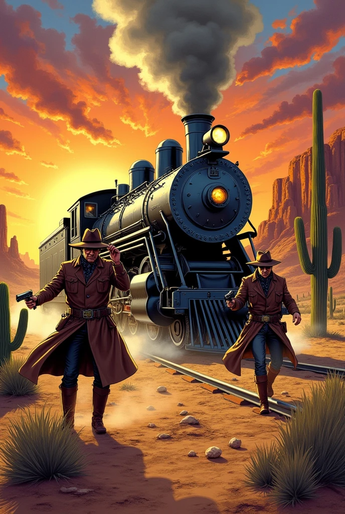 Comic color graphic novel A train crossing the Wild West, 1950&#39;s look hyperrealistic, two cowboys assault it