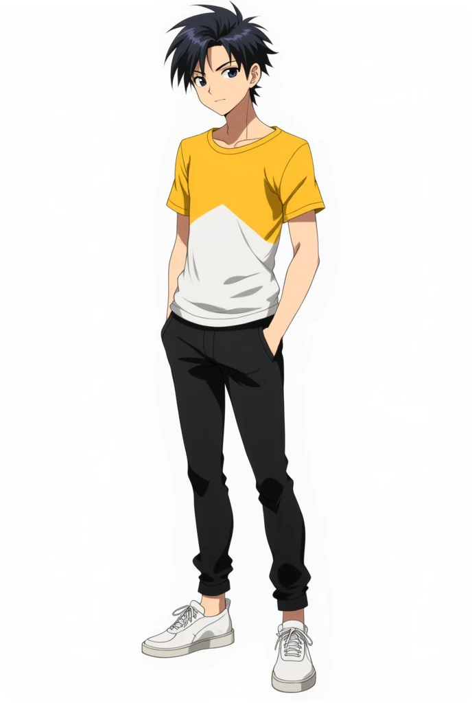 Create a male anime character with black hair upwards black eyes light skin shirt with white bottom with yellow top and yellow sleeves black pants and white shoes and white background