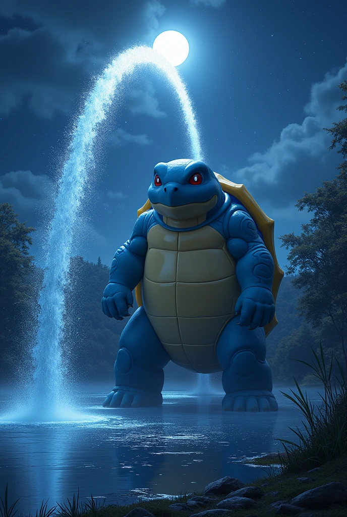 Mega blastoise, in the night using hydro pump