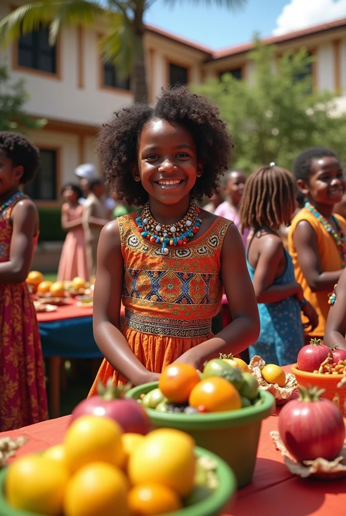 Creer une image dans la grande cour du centre culturel Macumba,  01 mai fête kouzin zaka, des tables avec fruits et legumes, de très beaux decorations pour cette fete de couzin zaka. Les enfants âgés entre 10 et 18 ans, s'habilles en habits traditionnels, colliers, des  cheveux crepus, lisses.  Scène hautement coloré, camera 4d, très lumineux. La secrétaire SKET.M coordonne les jeux 