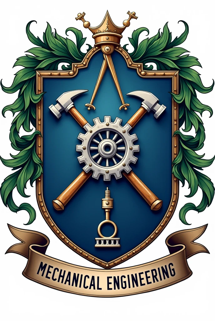 The coat of arms of Mechanical Engineering, traditionally represented, has a visual composition that reflects the main aspects and tools of the profession. Here is a detailed description of the typical image of this coat of arms:
1. **Shield Shape**:
- **format**: The coat of arms usually has a shield in a traditional shape., with a rounded base and a wider top. The shield may have a plain background or be divided into sections., depending on the style.
- **Farbe**: The background of the shield is often blue or red., colors that symbolize strength, the nobility and loyalty.
2. **Central Gear**:
- **Position**: No centro do escudo, there is a big gear, that dominates the composition.
- **Design**: The gear is detailed, with well-defined and symmetrical teeth, representing movement and precision.
- **Farbe**: The gear is usually silver or gold, contrasting with the background of the shield.
3. **Crossed Hammer and Wrench**:
- **Position**: Behind or over gear, there is a hammer and a wrench crossed in "X".
- **Design**: The hammer and wrench are stylized, but maintain a robust appearance, symbolizing the hand tools of mechanical engineering.
- **Farbe**: They are usually the same color as the gear., silver or gold.
4. **square and compass**:
- **Position**: Often positioned above the gear, forming a triangle with the base of the shield.
- **Design**: The square is a perfect triangle, and the compass is open, both superimposed to symbolize precision and planning.
- **Farbe**: Also in silver or gold.
5. **Farbeoa de Louros**:
- **Position**: Surrounding the shield or bottom of the gear, there is a stylized laurel wreath.
- **Design**: The crown is detailed, with well-defined leaves, symbolizing victory and conquest.
- **Farbe**: Green or gold, adding a touch of vitality and triumph to the coat of arms.
6. **Motto or Banner**:
- **Position**: A band may be present in the