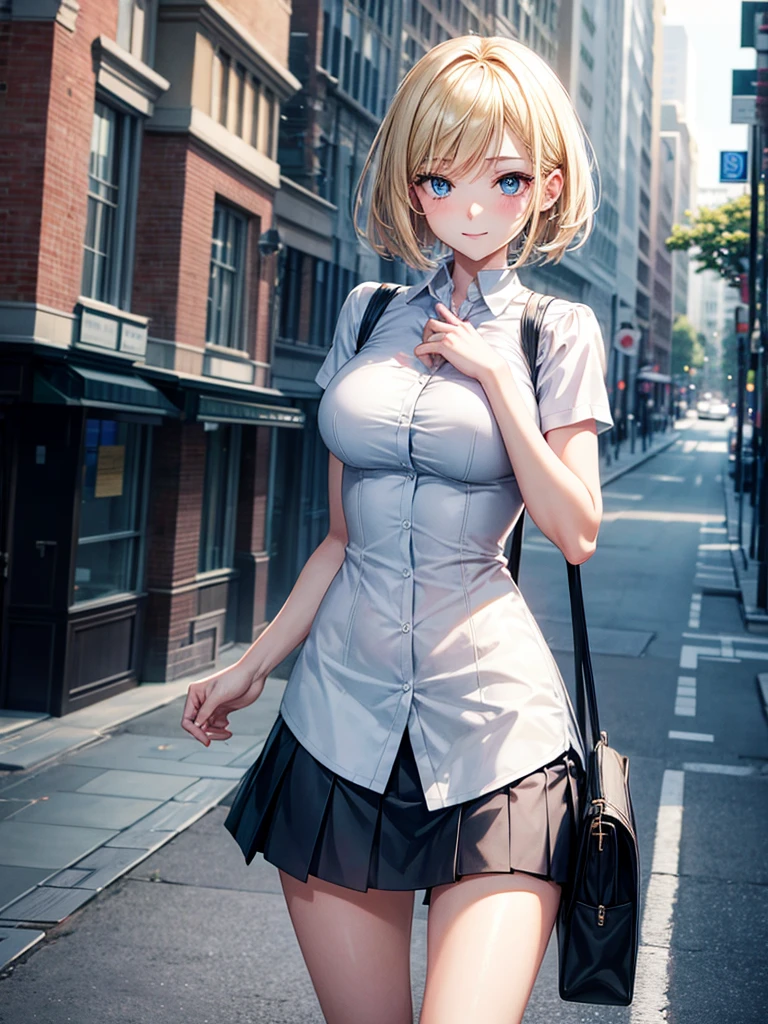 Anime style, super fine illustration, highly detailed, beautiful detailed, pale tone image, static representation, gentle expression, 8k, pretty 1girl with blonde straight short hair & blue eyes & a bright smile & full bust & soft fair skin is wearing big white business shirt not to show her skin & black tight skirt & 1business bag, on the business building street, in the morning, brilliant particles of lights, romantic stories, solo, perfect fingers, perfect arms, perfect legs, masterpiece.