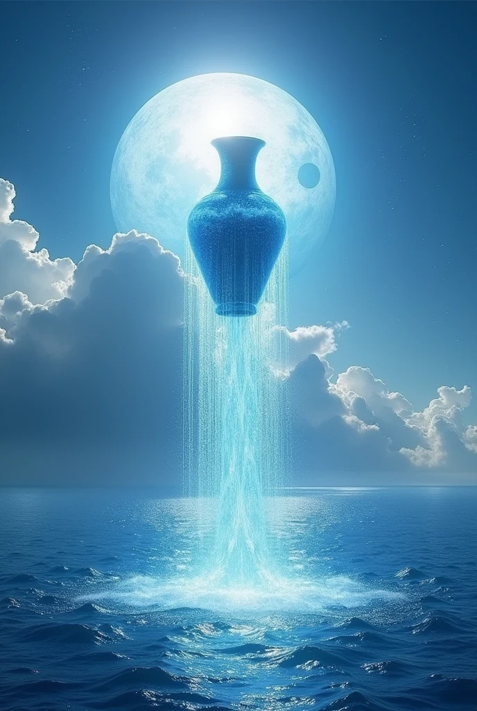 In the sky a vase of water spills over the vast sea, with a big star in the background that lights up everything 