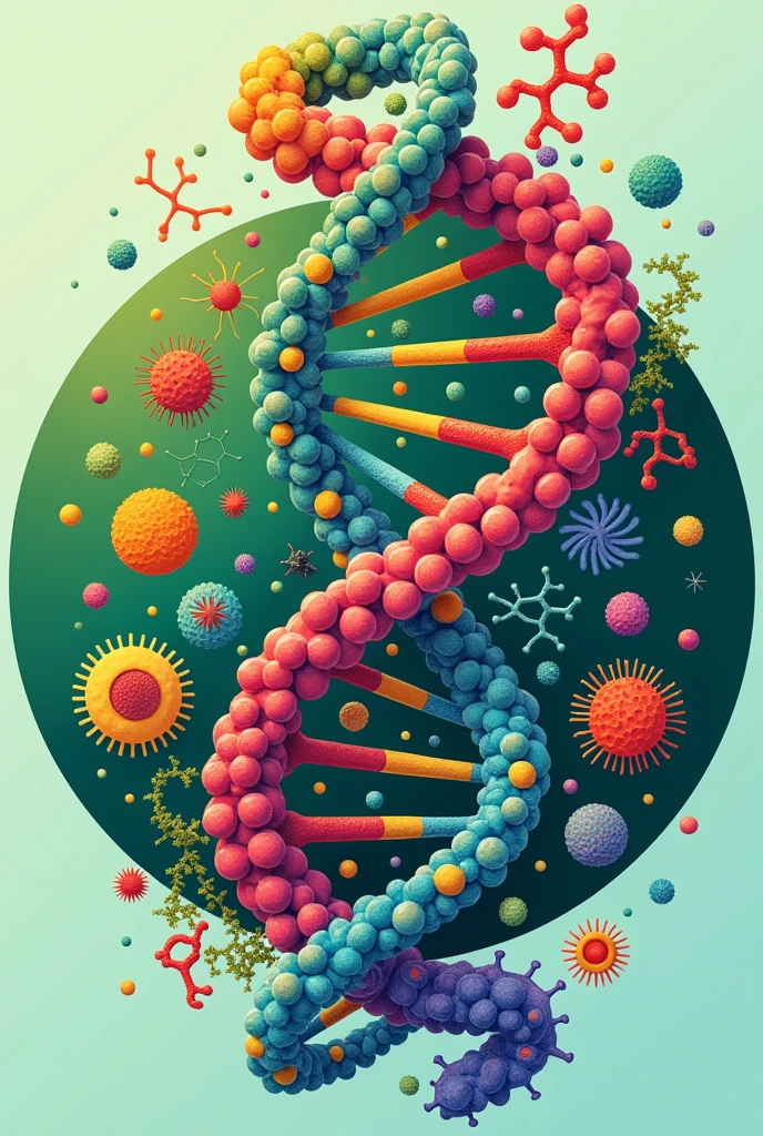 A type of logo or circular image that represents the career of biochemistry and biotechnology. It may be a DNA, with some protein, and bacteria or microorganisms together in the image, that everything is related as if for a propaganda photo. That it has molecular things like a virus too. Bright green colors . There are also bacteria in the image, with shapes like cocci or bacillus.. That everything is[and inside the circle