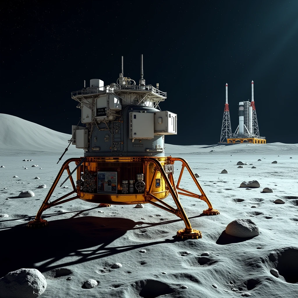 lunar module on the moon, launch pad, realistic, nasa