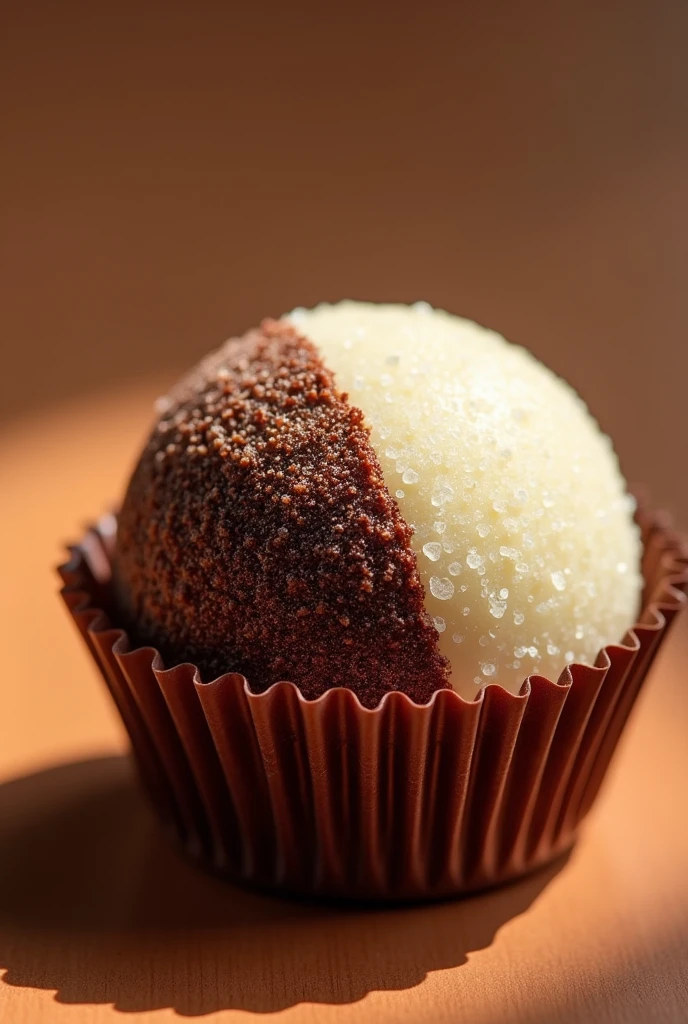truffle, half brown and half white, covered in crystal sugar, in a pleated mold