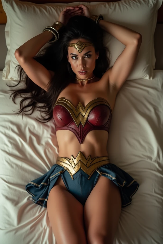 Gal Gadot as Wonder Woman wearing ripped clothes, garter belt, miniskirt, leather choker, laying on bed with  open, about to have , ((showing panties)), teen, angry face looking at viewer, (), viewed from above, her body covered in viscous white , sweaty, knees spread apart, legs spread, handcuffed with hands bounded tight above head, full image body, ((())), ((hands above head,  (()), legs raised, tight body