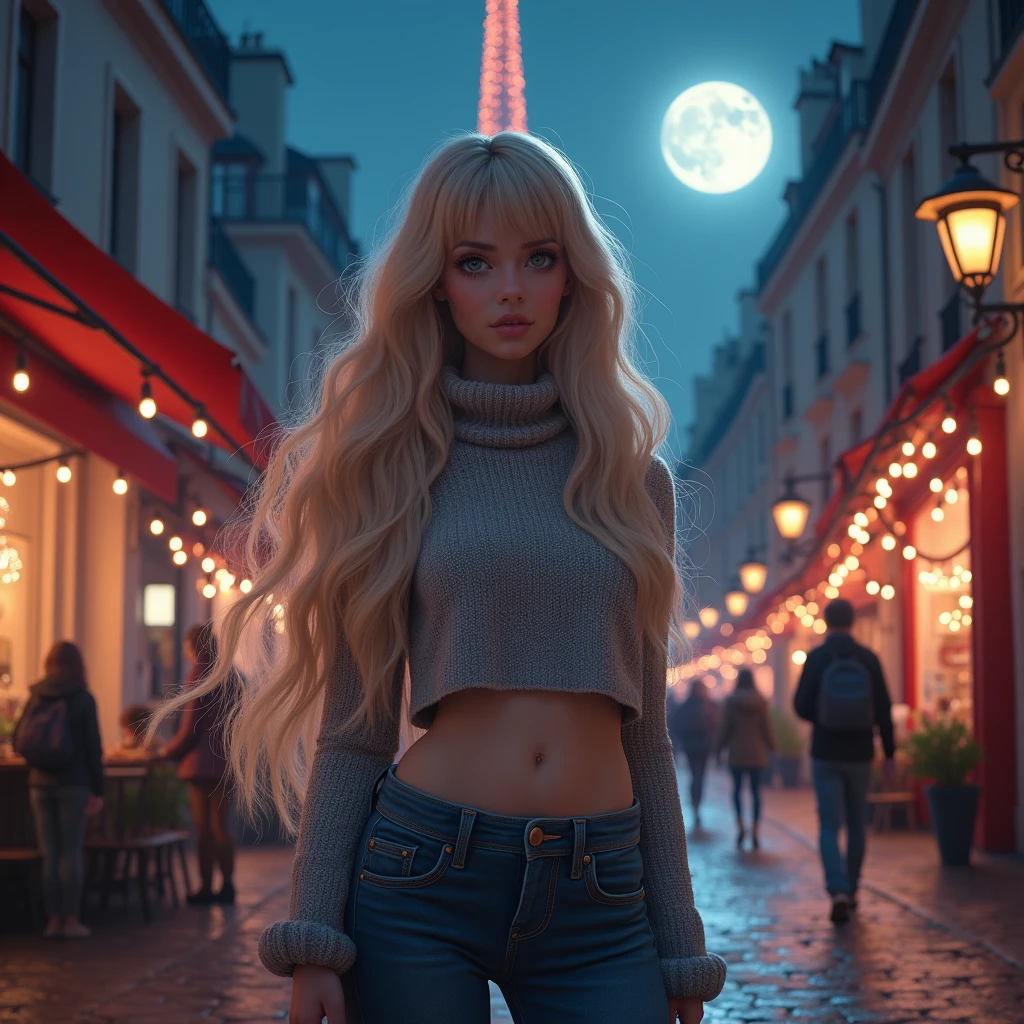 (8k、top quality、masterpiece:1.2)、 (realistic、realistic:1.37)、 very detailed、DJ SODA、 1 woman、Telegraph slang、Wearing a turtleneck sweater and skinny jeans、Standing on a Paris street with the Eiffel Tower in the background, beautiful detailed sky、night, dark, moon, beautiful and delicate eyes、 (length hair:1.2)、 Floating Hair NovaFrog Style、