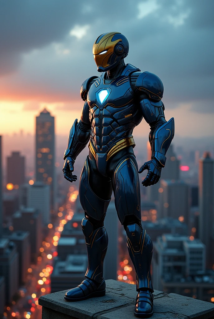 Superhero in gray and blue armor with a golden helmet