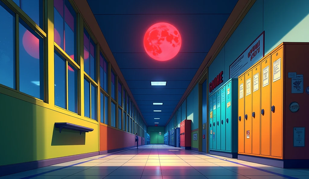 a school corridor with bright colors. there are windows and outside it's night, but you can see a red moon from the window, and on a wall there is a board that writes "GNOME 47", anime style