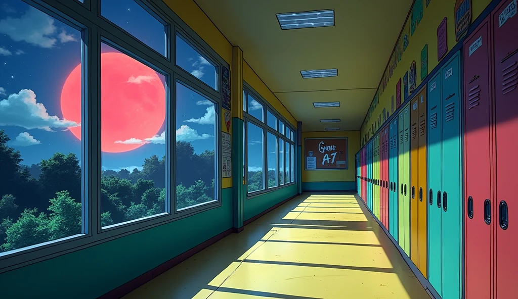 a school corridor with bright colors. there are windows and outside it's night, but you can see a red moon from the window, and on a wall there is a board that writes "GNOME 47",  anime style