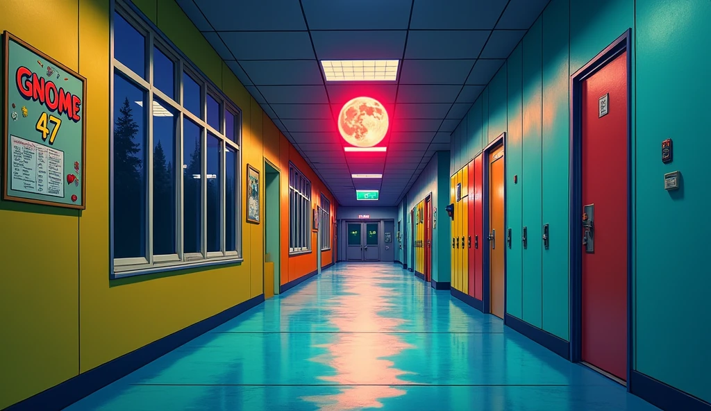 a school corridor with bright colors. there are windows and outside it's night, but you can see a red moon from the window, and on a wall there is a board that writes "GNOME 47",  anime style