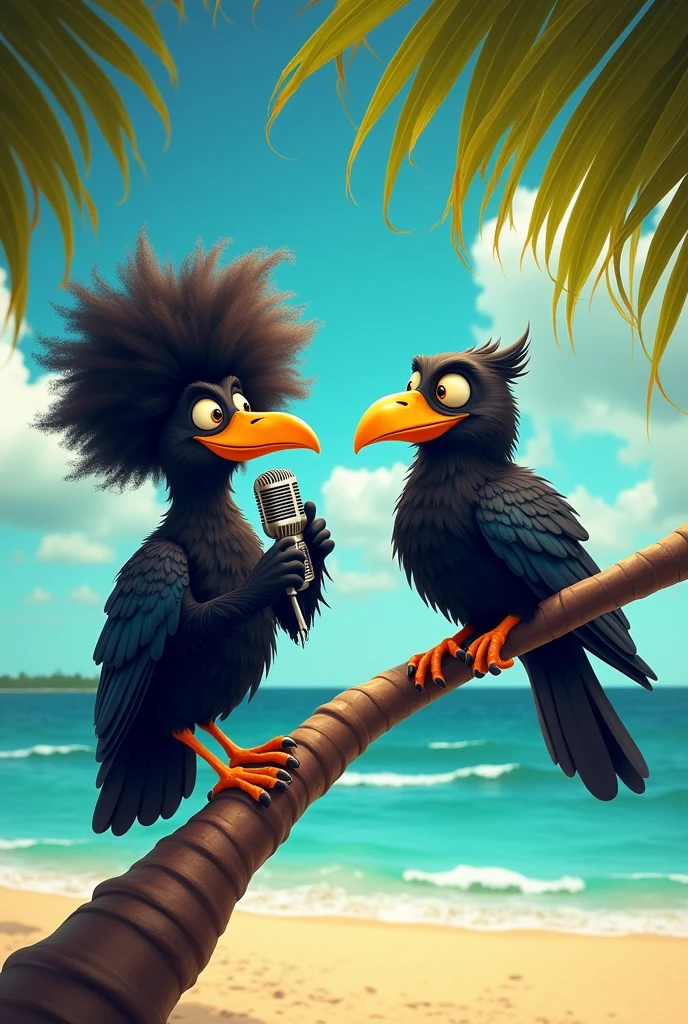Two funny raven with yellow eye. One with 
afro the other one somikin. haging up in a palm
talking with podcast microphone. One of the.   palm is on fire