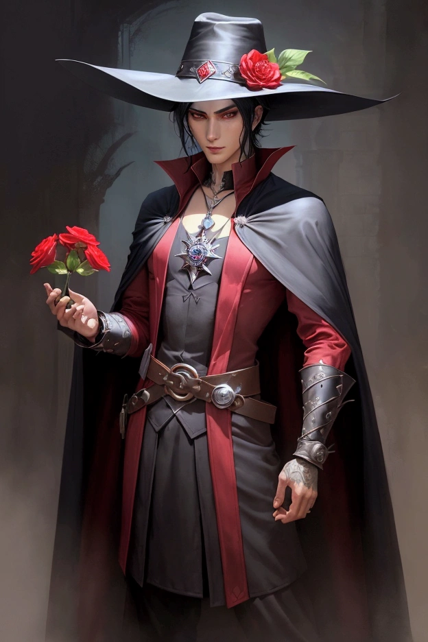 man with hat and cape holding a red flower, black - haired magician, fantasy magician, evil sorcerer, young shadow magician male, rpg concept art character, magician, portrait of a magician, slim male fantasy alchemist, magician masculino, ten mens :: Sorceress, skinny male magician, 由杨J, magical fantasy 2d concept art