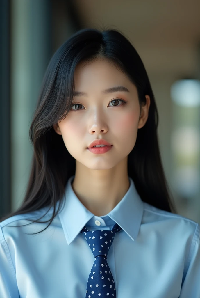 Realistic photo,There is a woman wearing a blue tie and a blue shirt., Beautiful straight hair,, Black Hair,Chinese women,Detailed face and body, Natural light, High resolution, photoRealistic, (Highest quality,8k,High resolution,masterpiece:1.2),Very detailed,(Realistic,photoRealistic,photo-Realistic:1.37),Realistic skin texture,Beautiful eyes and lips,Beautifully detailed face,Long eyelashes,Smooth Skin