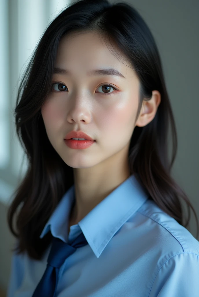 Realistic photo,There is a woman wearing a blue tie and a blue shirt., Beautiful straight hair,, Black Hair,Chinese women,Detailed face and body, Natural light, High resolution, photoRealistic, (Highest quality,8k,High resolution,masterpiece:1.2),Very detailed,(Realistic,photoRealistic,photo-Realistic:1.37),Realistic skin texture,Beautiful eyes and lips,Beautifully detailed face,Long eyelashes,Smooth Skin