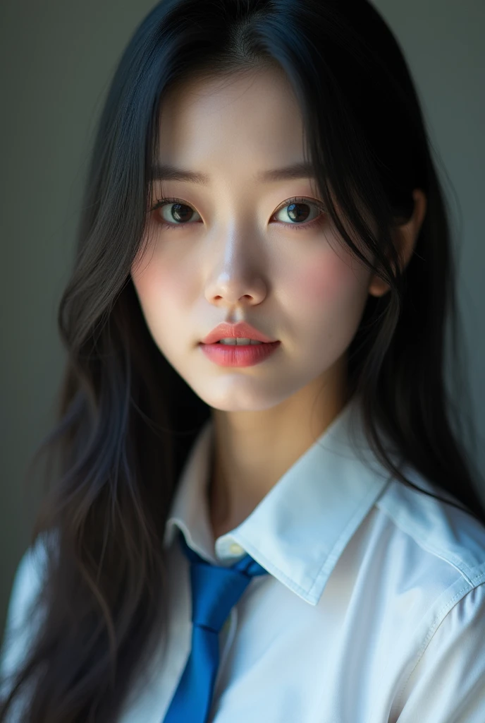 Realistic photo,There is a woman wearing a blue tie and a blue shirt., Beautiful straight hair,, Black Hair,Chinese women,Detailed face and body, Natural light, High resolution, photoRealistic, (Highest quality,8k,High resolution,masterpiece:1.2),Very detailed,(Realistic,photoRealistic,photo-Realistic:1.37),Realistic skin texture,Beautiful eyes and lips,Beautifully detailed face,Long eyelashes,Smooth Skin