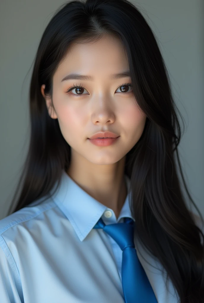 Realistic photo,There is a woman wearing a blue tie and a blue shirt., Beautiful straight hair,, Black Hair,Chinese women,Detailed face and body, Natural light, High resolution, photoRealistic, (Highest quality,8k,High resolution,masterpiece:1.2),Very detailed,(Realistic,photoRealistic,photo-Realistic:1.37),Realistic skin texture,Beautiful eyes and lips,Beautifully detailed face,Long eyelashes,Smooth Skin
