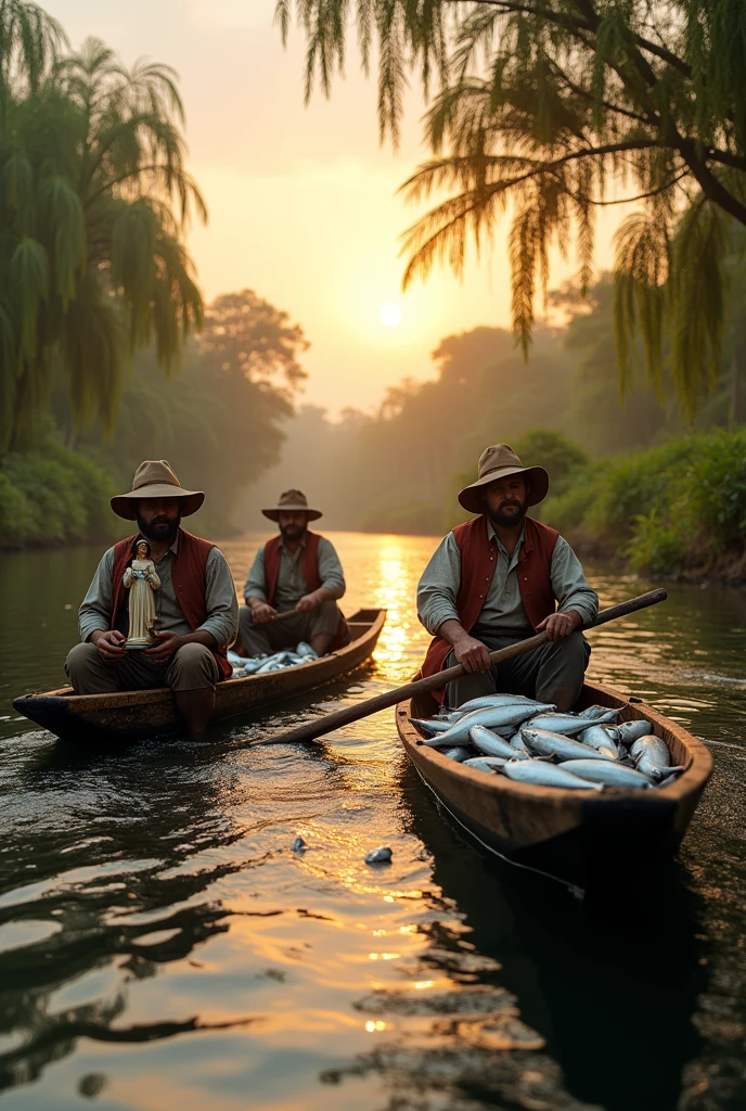 Desenhar, in landscape format, the image of 3 men dressed in hats and simple 17th century fisherman's clothes, in 2 rowing boats, with fishing nets and full of fish, num long river, one of them holds in his hands the 36cm statue of Our Lady of Aparecida, found in the river.