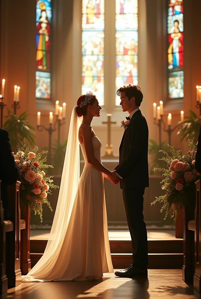O ator Timothée Chalamet, with slightly messy and wavy hair, marrying a redheaded woman, white, no freckles, with small lips and brown eyes. The wedding is in a Catholic church, and the woman wears a long veil and a golden laurel wreath on her head.
