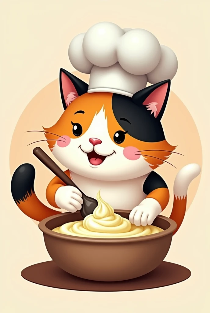 cat whipping a pastry cream, with chef hat, The image must be a logo type, the cat must be tricolor
