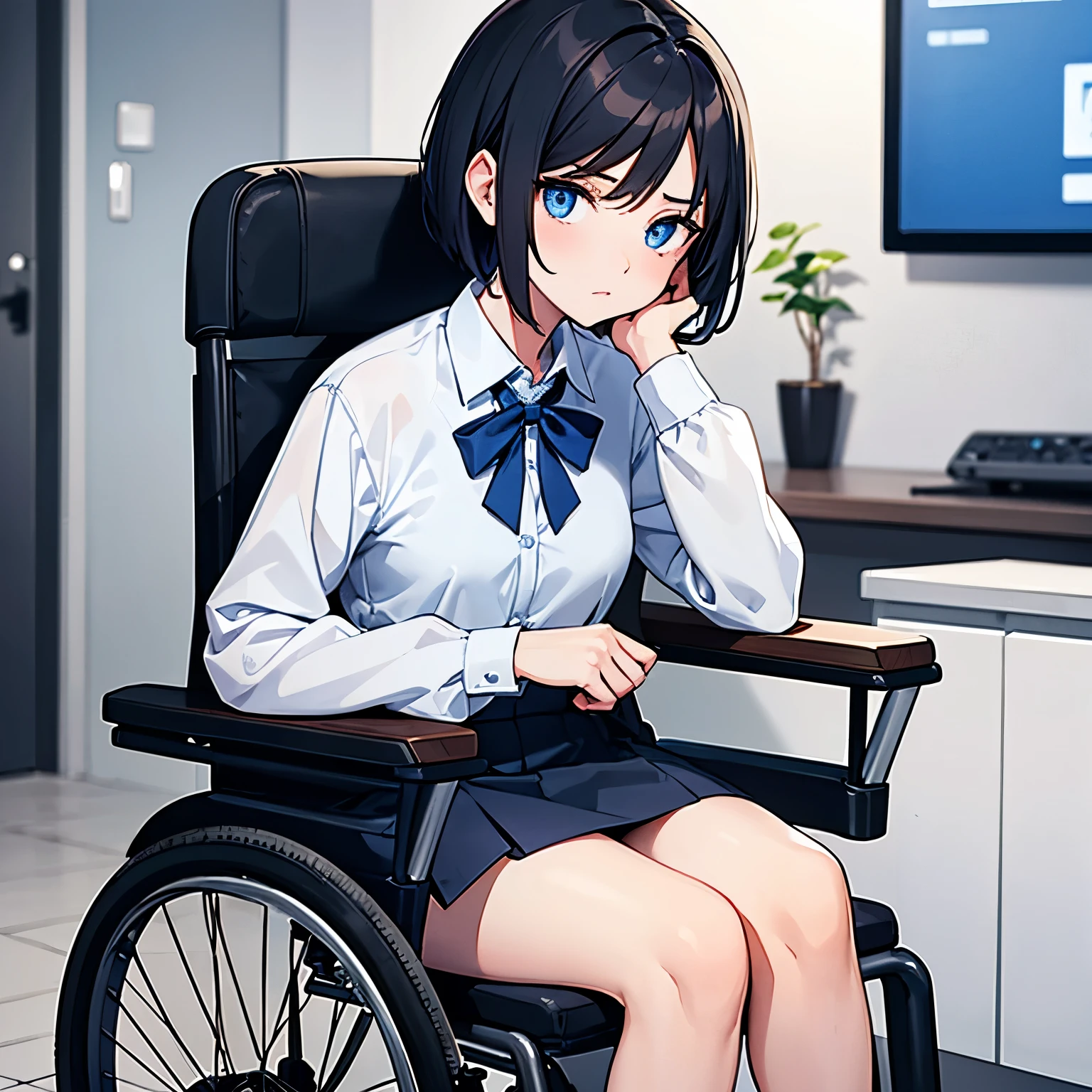 girl in a wheelchair. Wheelchair backrest. dark hair. short hair. An indifferent face. cold look. blue eyes. gray skirt with white collar. in the background of the room.