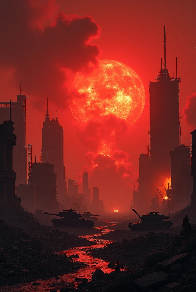 no people, landscape, closer look, devastated city, Red Sky, explosions, bombs, fire smoke, fallen buildings, war wuins, fat man bomb, world war II, war tanks