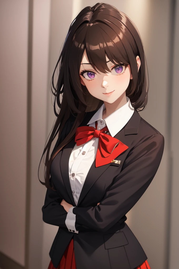  yuki suou, long hair, bangs, brown hair, black hair, hair between eyes, purple eyes, half updo,, shirt, bow, school uniform, jacket, white shirt, collared shirt, bowtie, red bow, blazer, red bowtie, black skirt, pleated skirt,, indoors, smile, looking at viewer, solo,, cowboy shot, dutch angle