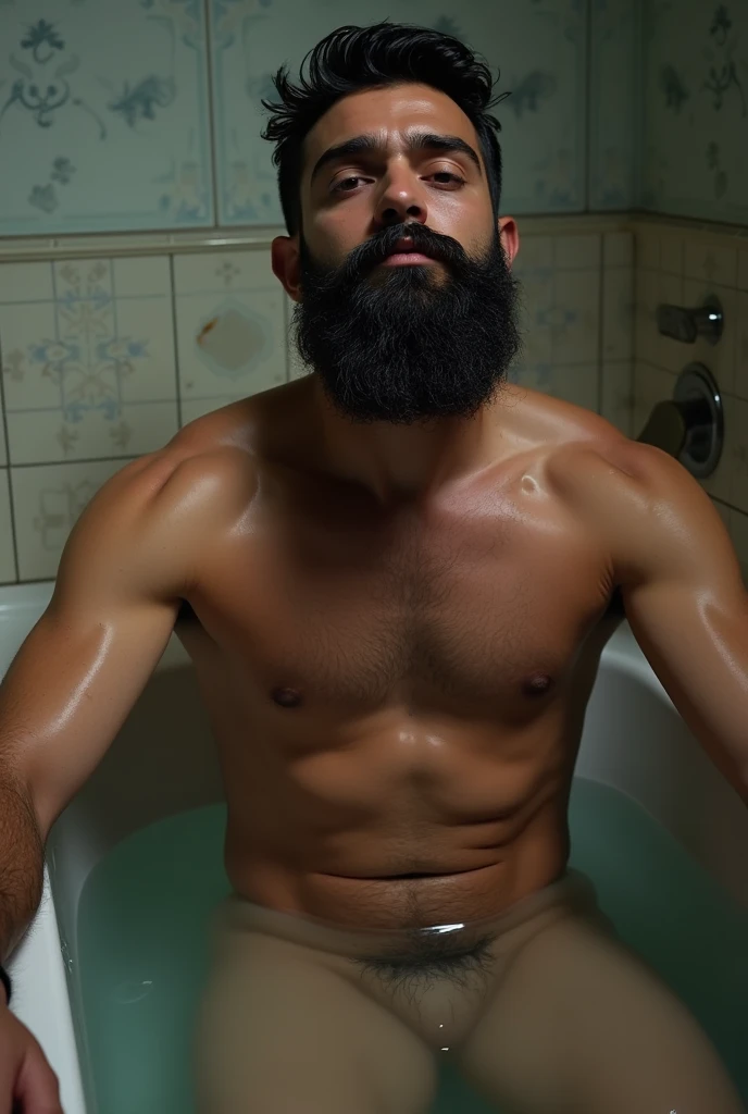 Slim bearded gay man with thick black hair, he is , ,  gay sensual,   sexy sual, body soaking wet , shining skin  , is naked ina bathtub with water in the bathroom of the house in the favela , dirty toilet hispid 