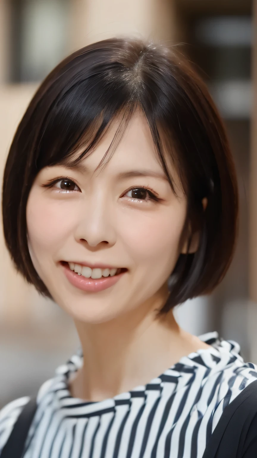 ((Highest quality)), ((8k)), ((masterpiece: 1.3)), (Perfect appearance), (Photorealism: 1.6), (Japanese womenの立ち姿), (Woman Standing In The Street), Japanese women, (40 years old), ((Realistic skin texture)), (Fine wrinkles appear all over the skin: 1.2), (Dullness), (Unmoisturized skin) , (Facial wrinkles: 0.9), (Wrinkles around the eyes: 1.2), double eyelid, Lower eyelid tear trough, The eyes are looking here, Smiling Kindly, (Dimples: 1.2), Short Bob Cut Hair, Sitting, A long-sleeved T-shirt with thin stripes and skinny jeans、The bottom of the T-shirt is tucked into the jeans,  Low - Angle, Minami, （Close-up photo focusing on upper body)、Center the screen、Watching the audience、

