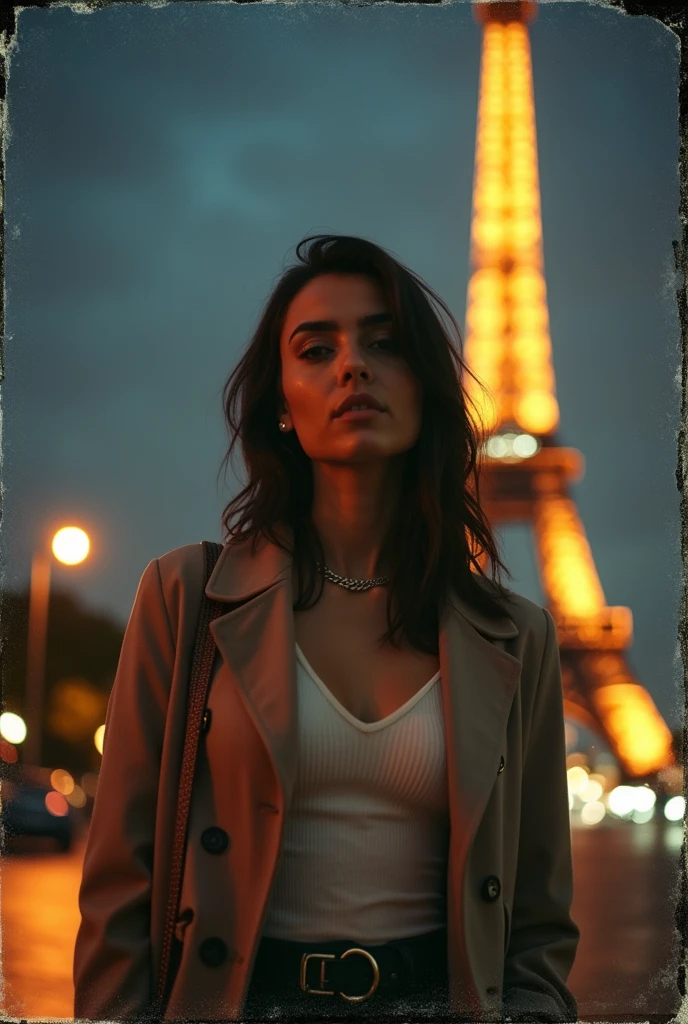 A photograph of an iranian brunette woman in her 30s, dressed stylish, standing at night with the Eiffel Tower in the background, looking towards the camera, polaroid film
